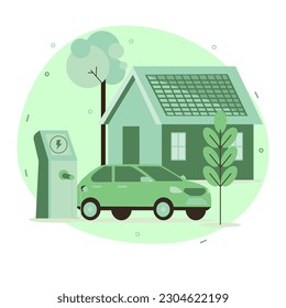 Vektorgrafiken im flachen Design zum Thema Umweltschutz. Erneuerbare Energie, saubere Luft, sauberere Produktion, glückliche Menschen in einer sauberen Umwelt