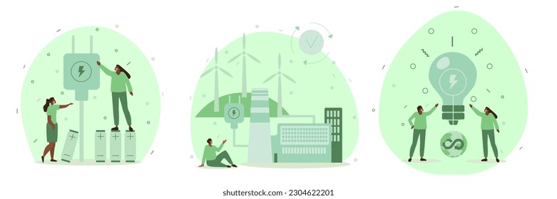 Ilustraciones vectoriales de diseño plano sobre el tema de la protección ambiental. Energía renovable, aire limpio, producción más limpia, personas felices en un ambiente limpio