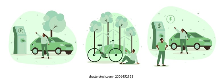 Vector illustrations in flat design style on the theme of environmental protection. Renewable energy, clean air, cleaner production, happy people in a clean environment