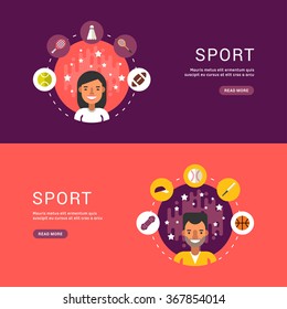 Vector Illustrations in Flat Design Style. Sport Icons and Sportsman Cartoon Character in Circle. Summer Sports