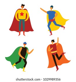Vector illustrations in flat design of  superheroes in funny comics costume isolated on the white background