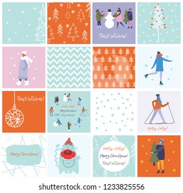 Vector illustrations in flat design of winter season background with people outdoor in the minimalistic flat design with Christmas greetings