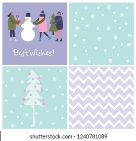 Vector illustrations in flat design of winter season background with people outdoor in the minimalistic flat design with Christmas greetings