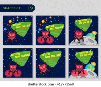 Vector illustrations in flat style about outer space. Planets in the universe. Greeting cards set