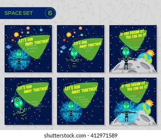 Vector illustrations in flat style about outer space. Planets in the universe. Greeting cards set