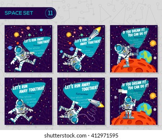 Vector illustrations in flat style about outer space. Planets in the universe. Greeting cards set