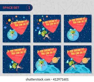 Vector illustrations in flat style about outer space. Planets in the universe. Greeting cards set