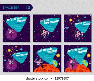 Vector illustrations in flat style about outer space. Planets in the universe. Greeting cards set