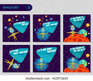 Vector illustrations in flat style about outer space. Planets in the universe. Greeting cards set
