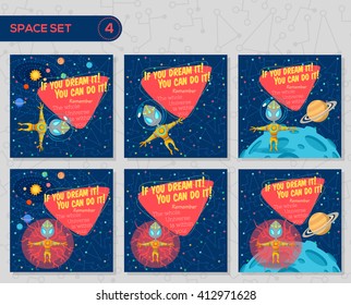 Vector illustrations in flat style about outer space. Planets in the universe. Greeting cards set