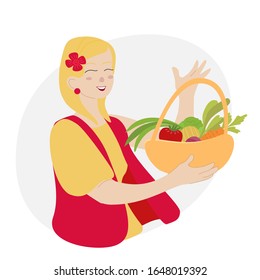 Vector illustrations in flat style. Blond girl with basket of vegetables. Eco-friendly, harvesting and hobbies. 