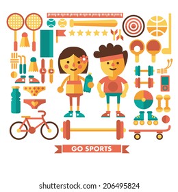 Vector illustrations in a flat style - characters athletes and sports items, bike, rackets, balls, dumbbells. Healthy lifestyle vector stylish set. Cartoon characters and objects.