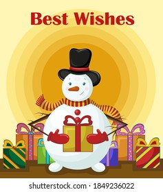 Vector illustrations in flat style for the Christmas theme. A cute snowman in a hat, scarf and mittens. In his hands he holds a gift and around him boxes with gifts.
