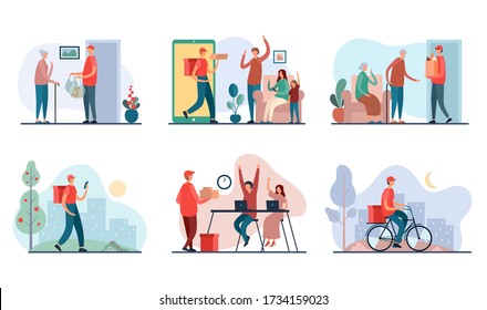 Vector illustrations in flat style of delivery guy bringing orders to people at home and commuting through city while working in delivery company