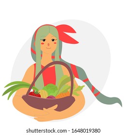 Vector illustrations in flat style. Girl with basket of vegetables. Eco-friendly, harvesting and hobbies. 