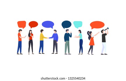 vector illustrations, flat style, people discussing things, news, chat, social media, bubble dialogue, 