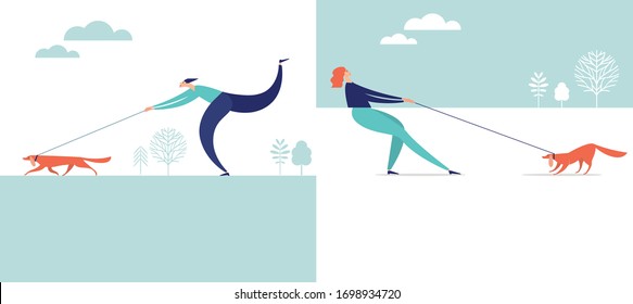  Vector illustrations,  flat style . Pet owners with dog on leash