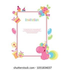 Vector illustrations with flat unicorn. Rectangular frame with simple flowers, balloons, gifts, flowers and cakes. Modern invitation for birthday or sales.