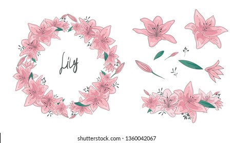 Vector illustrations - Floral set flowers, leaves and branches . Hand drawn wreath, design elements in doodle sketch style. Perfect for invitations, greeting cards, tattoo, prints. isolated on white