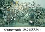 Vector illustrations of flowers and birds. Forest landscape wallpaper