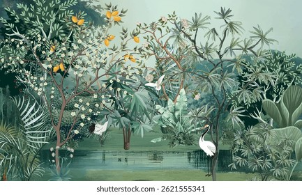 Vector illustrations of flowers and birds. Forest landscape wallpaper