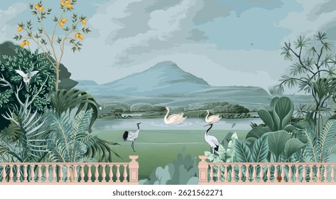 Vector illustrations of flowers and birds. Forest landscape wallpaper