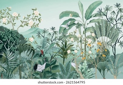 Vector illustrations of flowers and birds. Forest landscape wallpaper