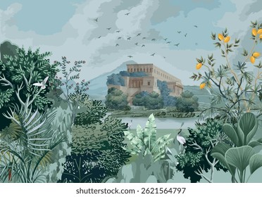 Vector illustrations of flowers and birds. Forest landscape wallpaper