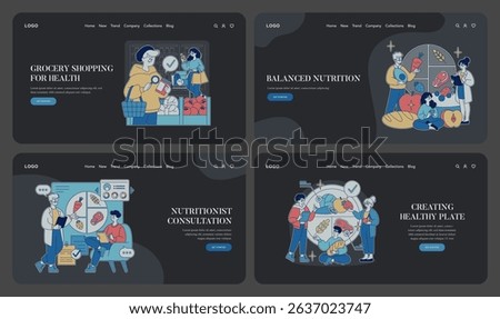 Vector illustrations focusing on grocery shopping for health, balanced nutrition, nutritionist consultation, and creating a healthy plate with engaging characters and actions.