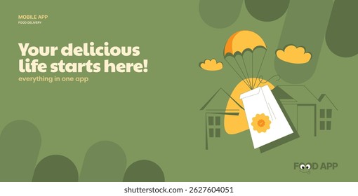 Vector illustrations for a food delivery app. Creative design concept idea. Clean background, fast delivery, website banner, presentation. Landing page.
