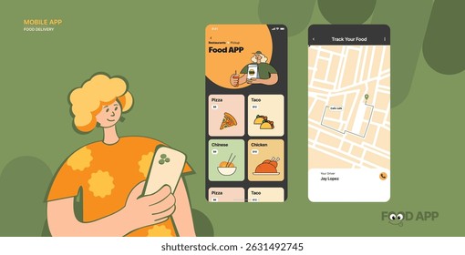 Ilustraciones vectoriales para un App de entrega de alimentos, incluidas las pantallas móviles para la entrega. Ideal para proyectos de diseño de interfaz de usuario y App móviles.