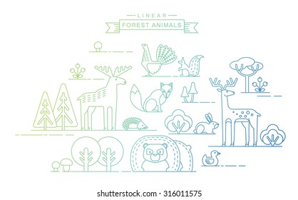 Vector illustrations of forest animals. Trendy linear design elements.