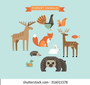 Vector illustrations of forest animals. Trendy design elements.