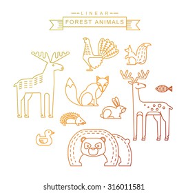 Vector illustrations of forest animals. Trendy linear design elements.