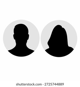 Ilustraciones vectoriales en forma de siluetas o íconos de rostros masculinos y femeninos, que funcionan como avatares o perfiles para individuos.