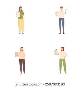 Vector illustrations of four cartoon characters, each holding a blank sheet of paper