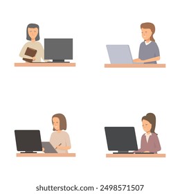 Vector illustrations of four different employees working at computers in an office setting