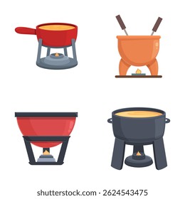Vector illustrations of four different styles of cooking pots on gas stoves