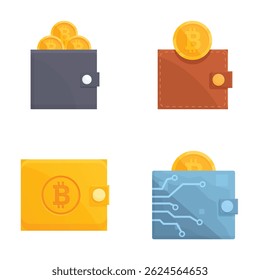 Vector illustrations of four different styles of digital wallets for storing bitcoins