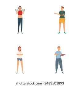 Vector illustrations of four individuals involved in various tasks, exercising, explaining, showing displeasure, and taking notes