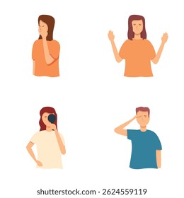 Vector illustrations of four individuals showcasing a range of emotions and hand gestures
