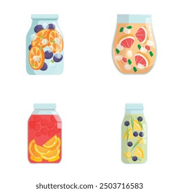 Vector illustrations of four jars with colorful fruitinfused water, ideal for health and recipe concepts