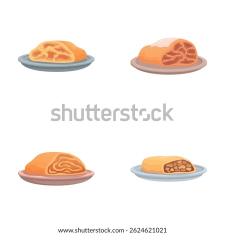 Vector illustrations of four various sweet bread rolls on plates, perfect for bakery menus