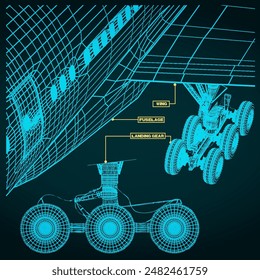 Vector illustrations of a fragment of drawings of a civilian jet in the retro style