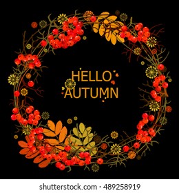 vector illustrations. Frame of fall leaves. Forest design elements. Autumn. mountain ash, viburnum, berries, bunch. Hello, Autumn!