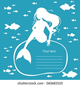 Vector illustrations of frame with mermaid sitting on a rock on blue background