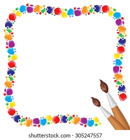Vector illustrations of frame of multicolor paints drops and blobs and two paintbrushes