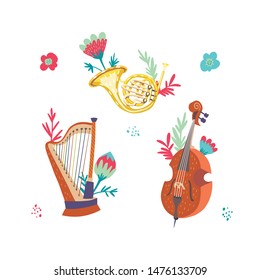 Vector illustrations of french horn, harp and double bass (contrabass) decorated with flowers. Classical musical instruments. Isolated objects. White background