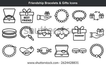 Vector illustrations of friendship bracelets and gift icons in a simple outline style