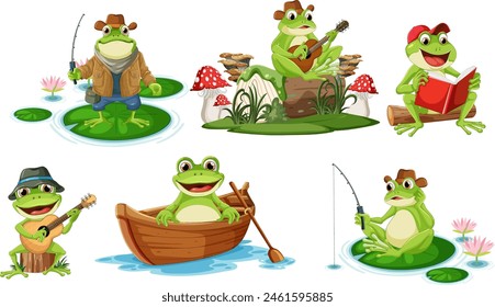 Vector illustrations of frogs in different leisure scenes